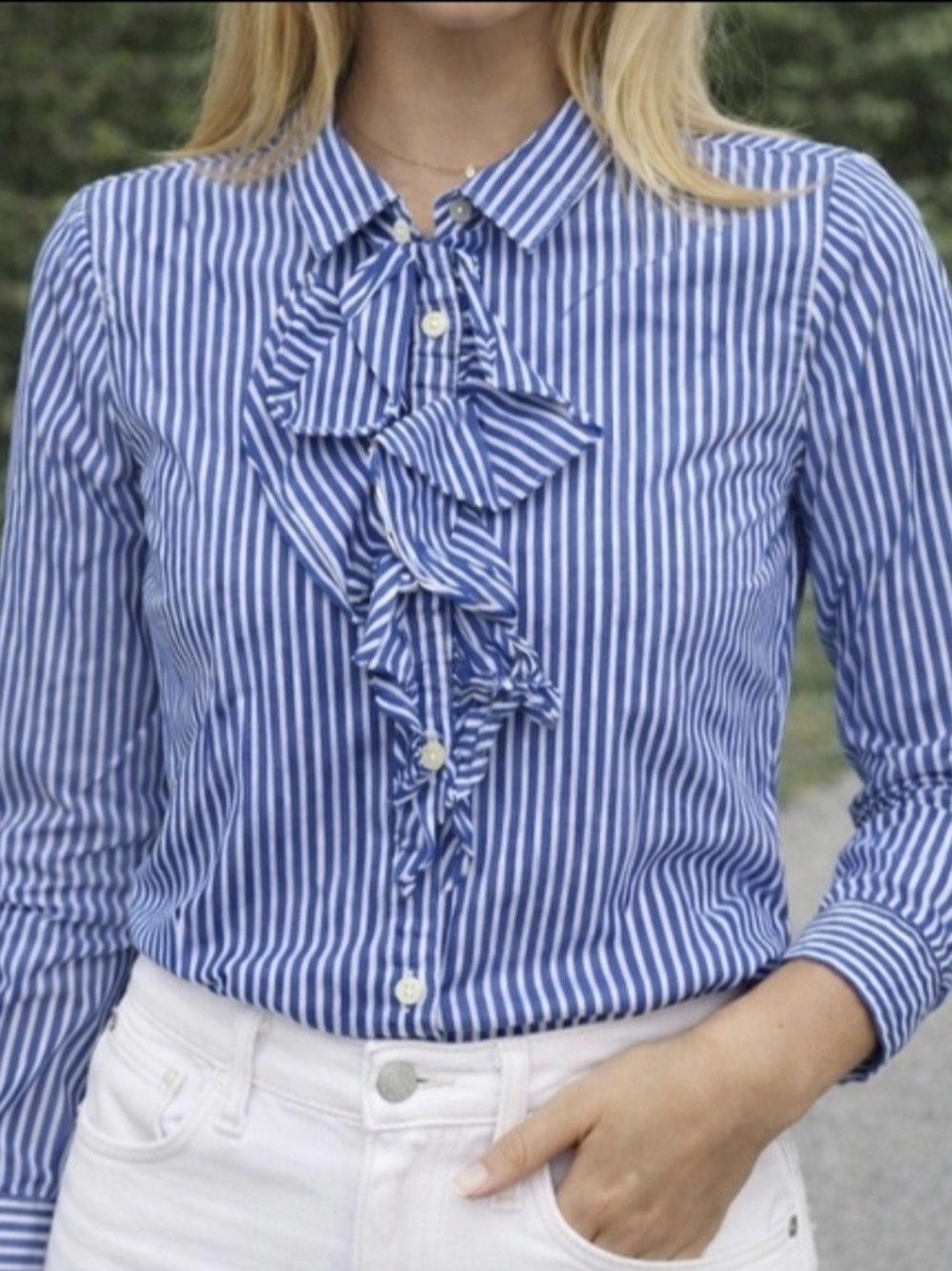 Lauren Ralph Lauren Blue Stripe Ruffle Front Button-Up Shirt-Size:L